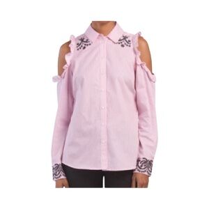 Nanette Lepore Cold Shoulder Pink Pinstripe Button Down Shirt Embroidered Size M